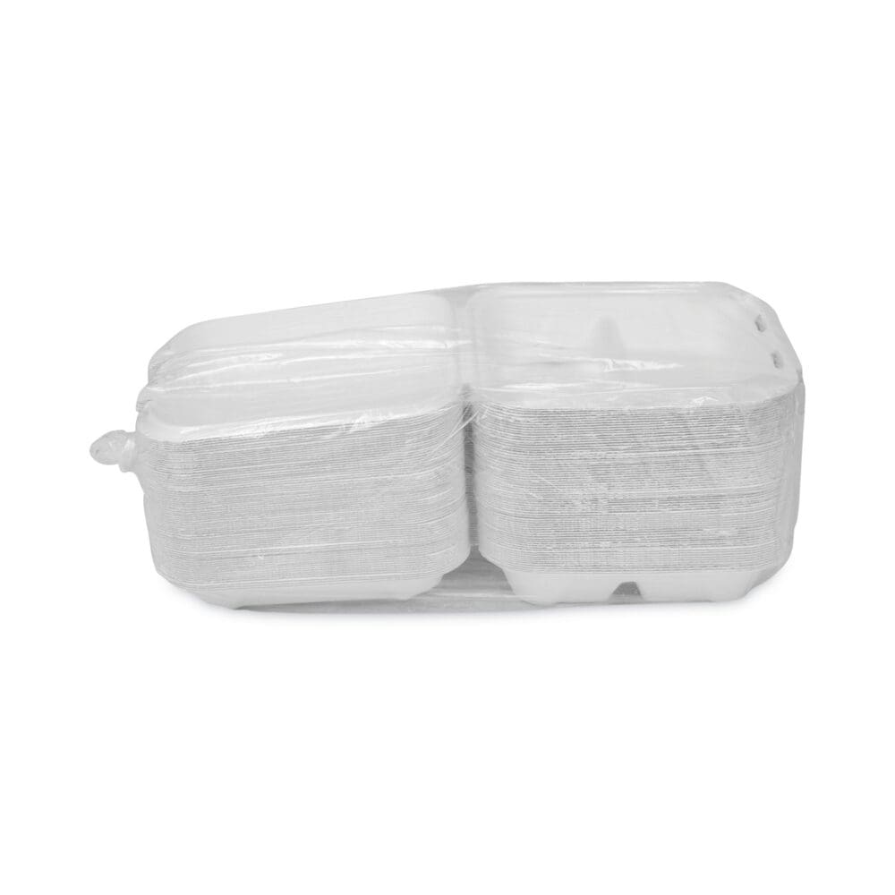 EarthChoice Bagasse Hinged Lid Container, 3-Compartment, Dual Tab Lock, 7.8 x 7.8 x 2.8, Natural, Sugarcane, 150/Carton - Image 2