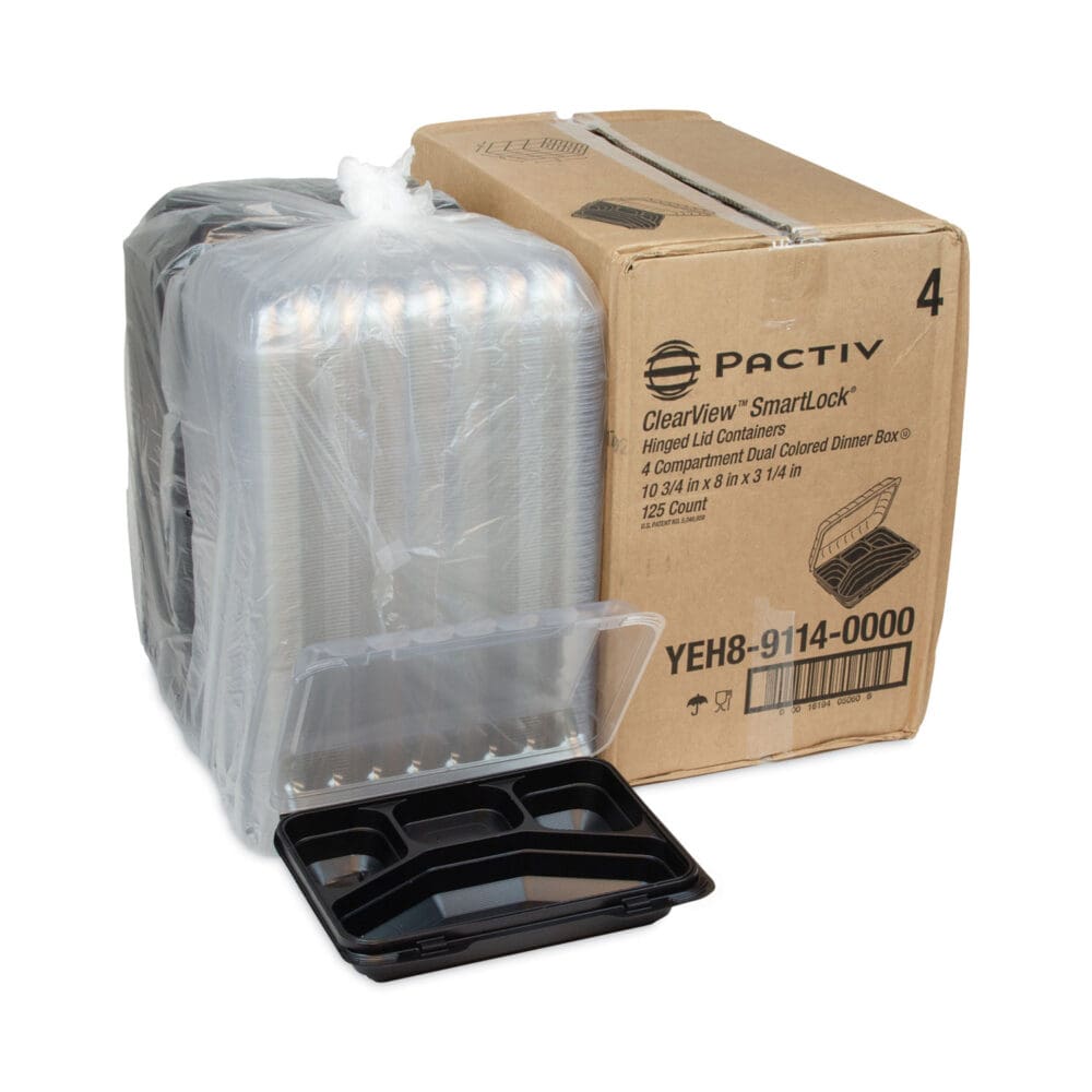Dual Color SmartLock Hinged Lid Container, 4-Compartment, 10.75 x 8 x 3.25, Black Base/Clear Top, Plastic, 125/Carton - Image 4