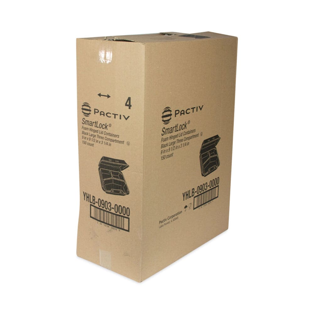 SmartLock Foam Hinged Lid Container, Large, 3-Compartment, 9 x 9.5 x 3.25, Black, 150/Carton - Image 3