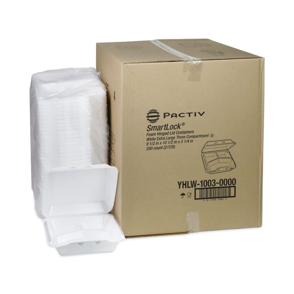 SmartLock Foam Hinged Lid Container, X-Large, 3-Compartment, 9.5 x 10.5 x 3.25, White, 250/Carton - Image 3