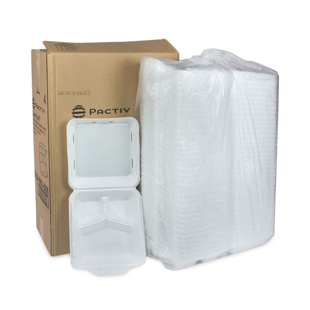 SmartLock Vented Foam Hinged Lid Container, 3-Compartment, 9 x 9.25 x 3.25, White, 150/Carton - Image 3