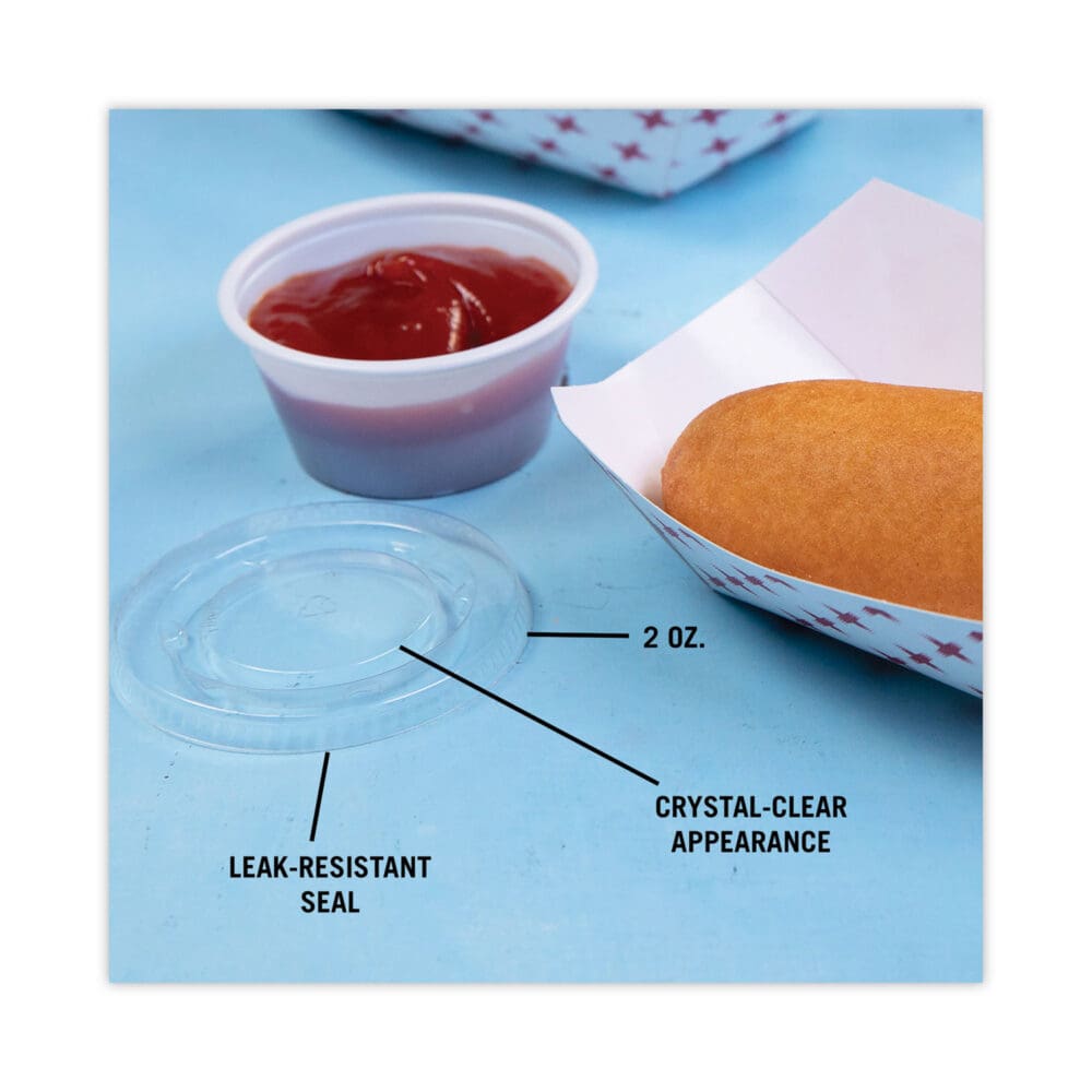 Plastic Portion Cup Lid, Fits 1.5 oz to 2.5 oz Cups, Clear, 100/Pack, 24 Packs/Carton - Image 8