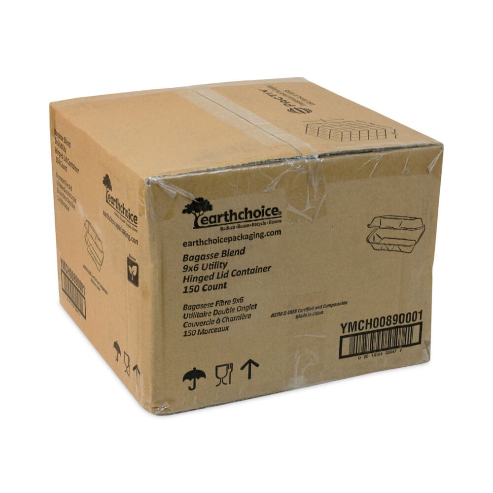 EarthChoice Bagasse Hinged Lid Container, Dual Tab Lock, 9.1 x 6.1 x 3.3, Natural, Sugarcane, 150/Carton - Image 9