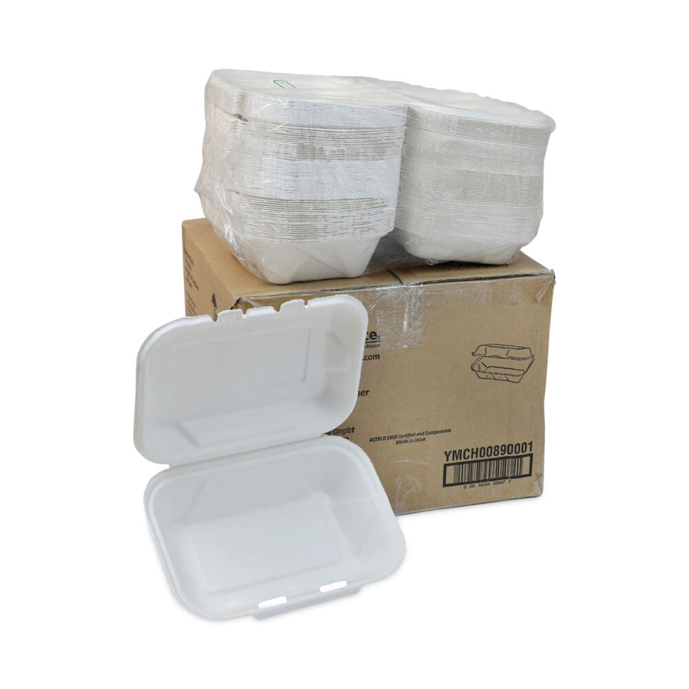 EarthChoice Bagasse Hinged Lid Container, Dual Tab Lock, 9.1 x 6.1 x 3.3, Natural, Sugarcane, 150/Carton - Image 2