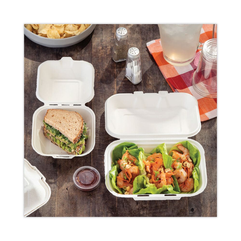 EarthChoice Bagasse Hinged Lid Container, Dual Tab Lock, 9.1 x 6.1 x 3.3, Natural, Sugarcane, 150/Carton - Image 3