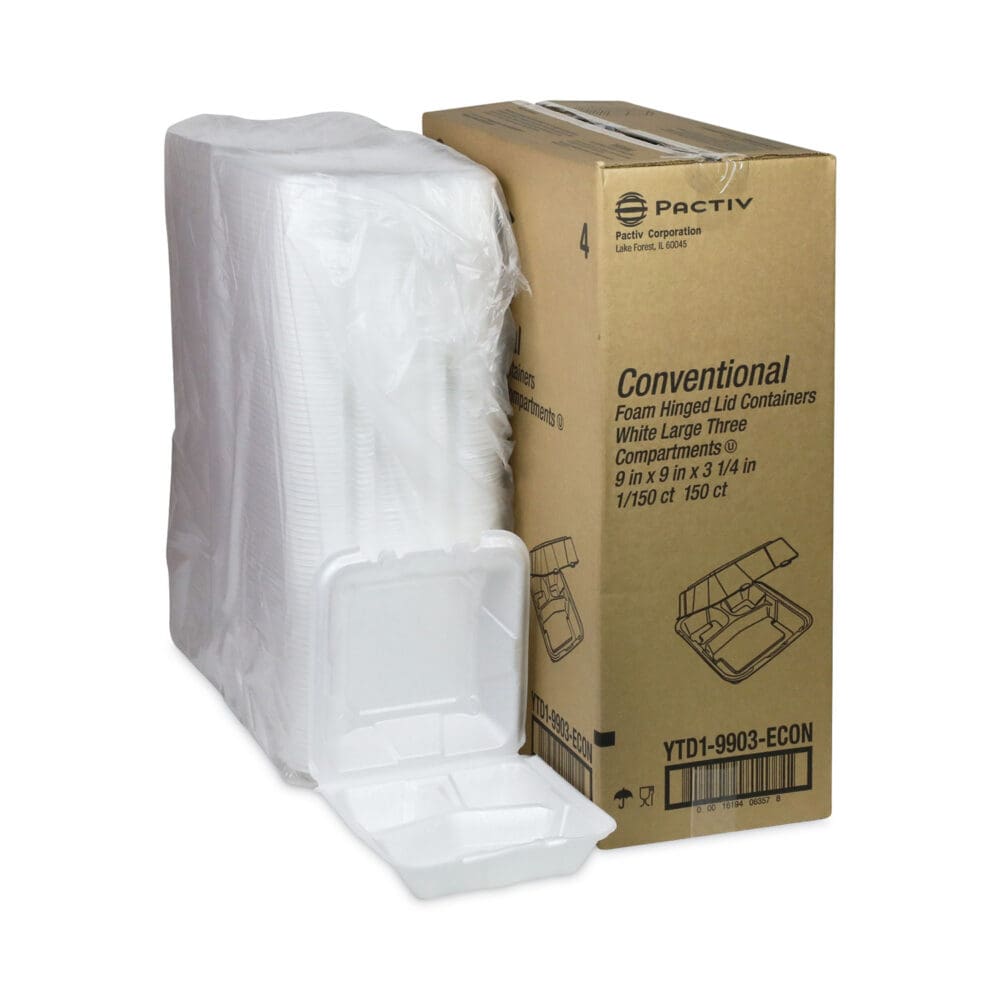 Vented Foam Hinged Lid Container, Dual Tab Lock Economy, 3-Compartment, 9.13 x 9 x 3.25, White, 150/Carton - Image 4