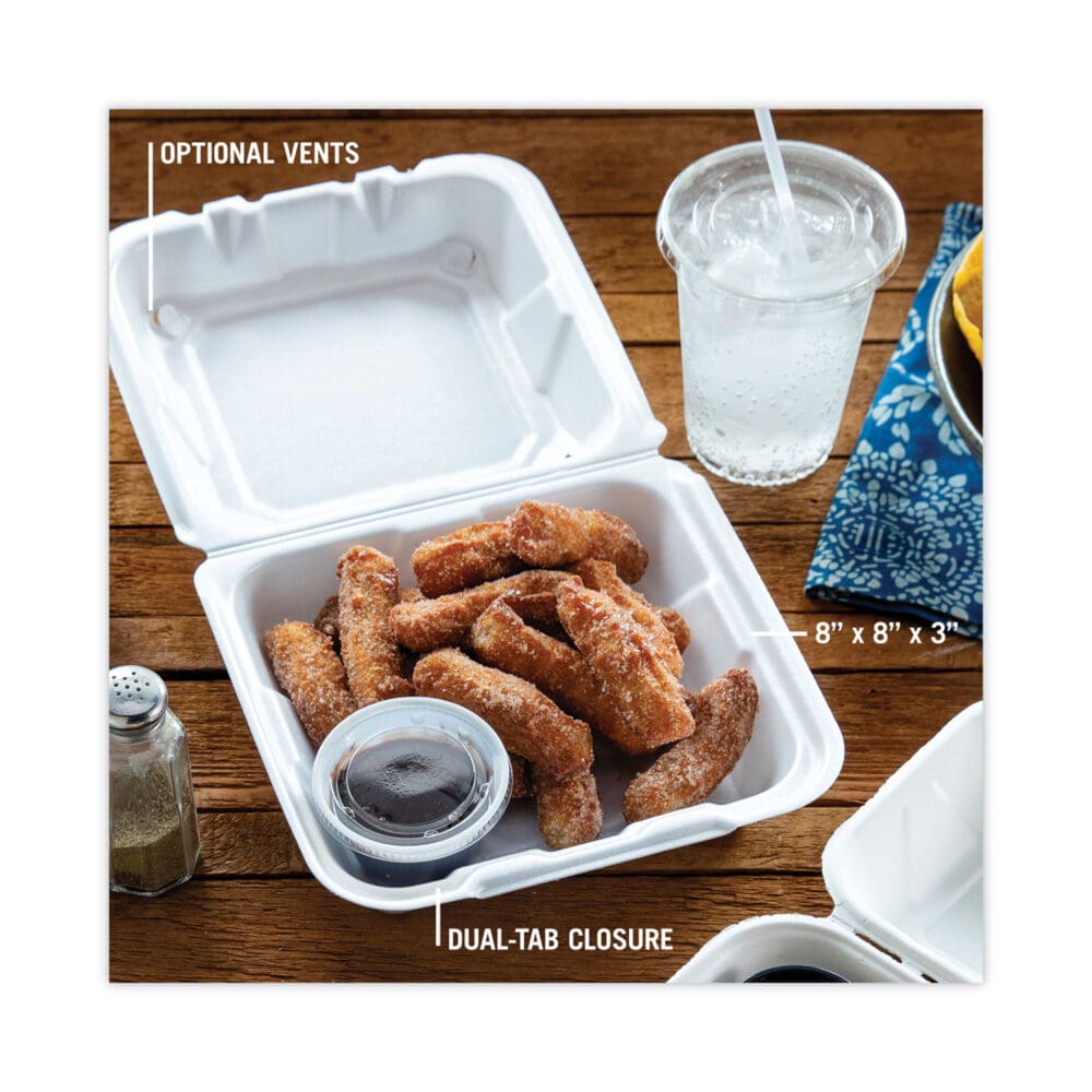 Vented Foam Hinged Lid Container, Dual Tab Lock, 8.42 x 8.15 x 3, White, 150/Carton - Image 8