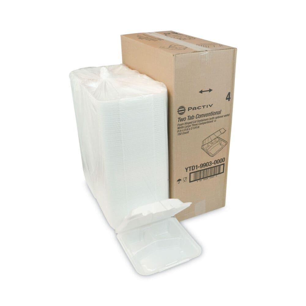 Vented Foam Hinged Lid Container, Dual Tab Lock, 3-Compartment, 9.13 x 9 x 3.25, White, 150/Carton - Image 4