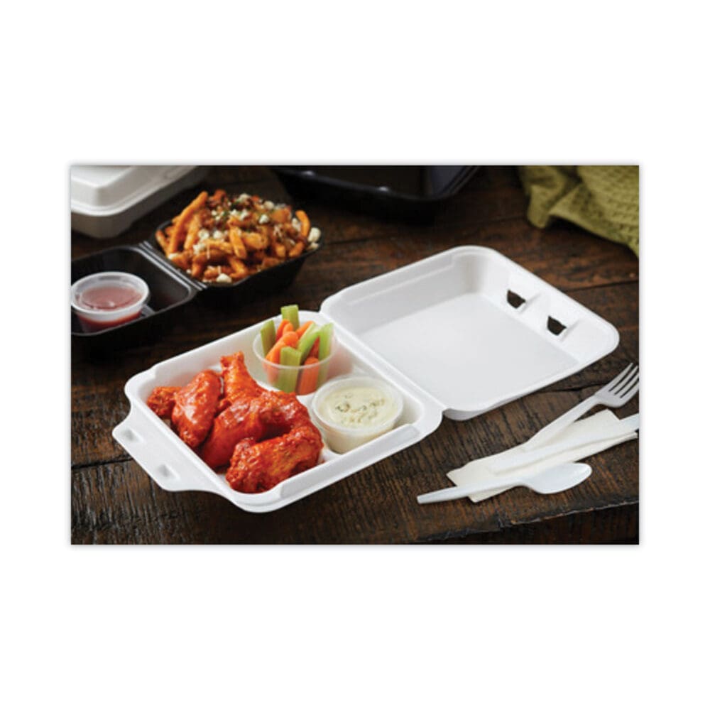 Vented Foam Hinged Lid Container, Dual Tab Lock, 3-Compartment, 9.13 x 9 x 3.25, White, 150/Carton - Image 5