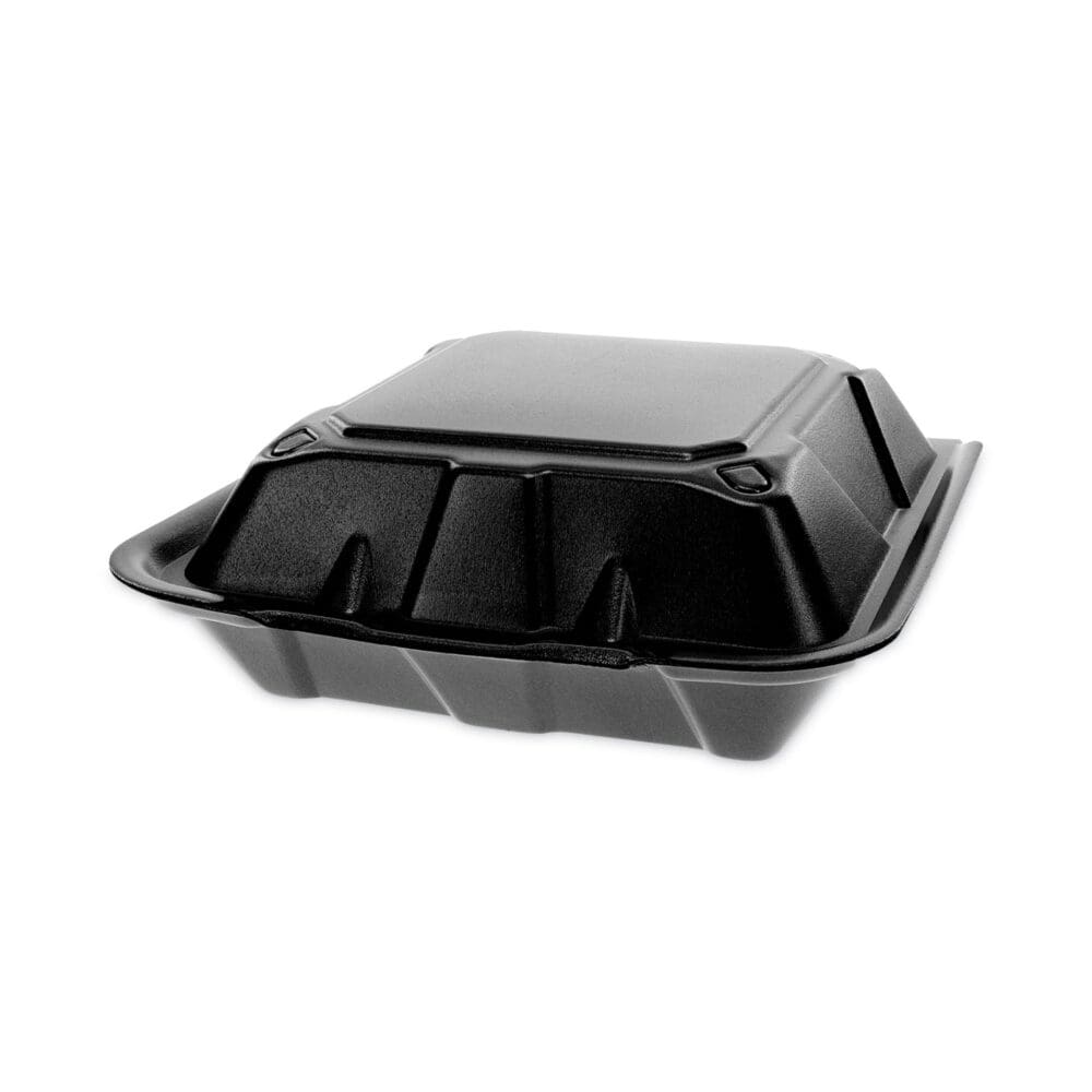 Vented Foam Hinged Lid Container, Dual Tab Lock, 9 x 9 x 3.25, Black, 150/Carton - Image 2