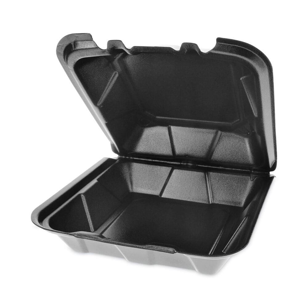 Vented Foam Hinged Lid Container, Dual Tab Lock, 9 x 9 x 3.25, Black, 150/Carton - Image 3