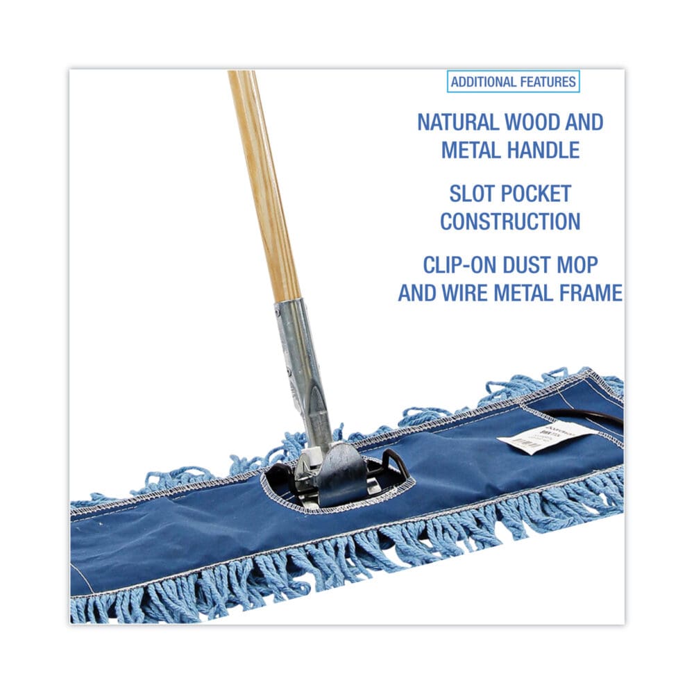 Dry Mopping Kit, 24 x 5 Blue Synthetic Head, 60" Natural Wood/Metal Handle - Image 2