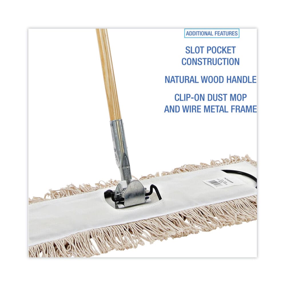 Cotton Dry Mopping Kit, 24 x 5 Natural Cotton Head, 60" Natural Wood Handle - Image 2