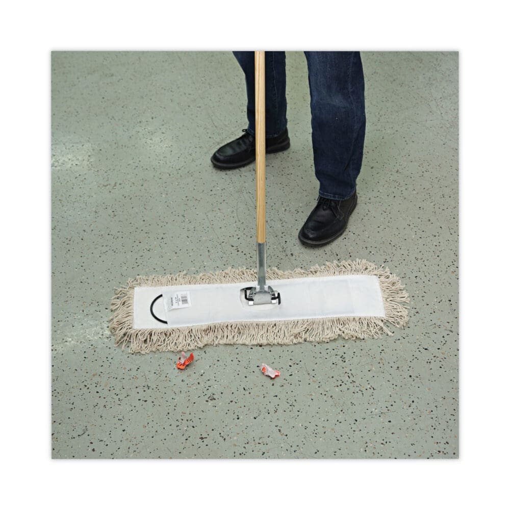Cotton Dry Mopping Kit, 24 x 5 Natural Cotton Head, 60" Natural Wood Handle - Image 4