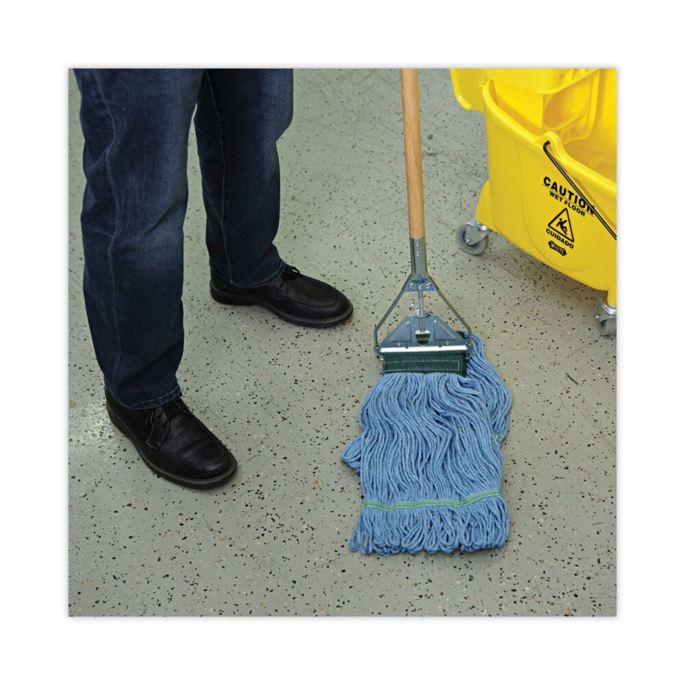 Looped End Mop Kit, Medium Blue Cotton/Rayon/Synthetic Head, 60" Yellow Metal/Polypropylene Handle - Image 4