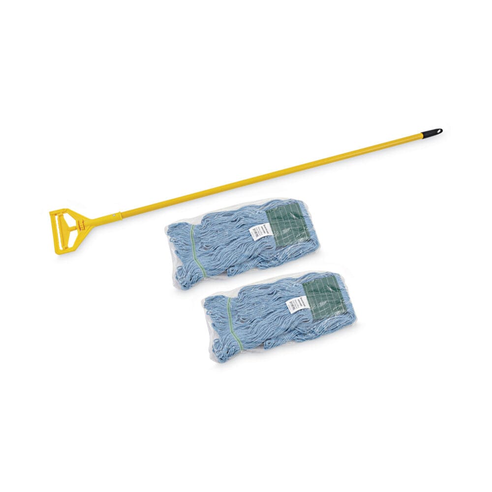 Looped End Mop Kit, Medium Blue Cotton/Rayon/Synthetic Head, 60" Yellow Metal/Polypropylene Handle - Image 5