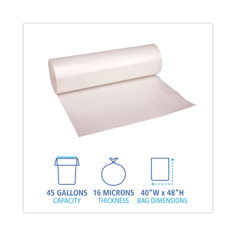 High Density Industrial Can Liners Coreless Rolls, 45 gal, 16 mic, 40 x 48, Natural, 25 Bags/Roll, 10 Rolls/Carton - Image 2