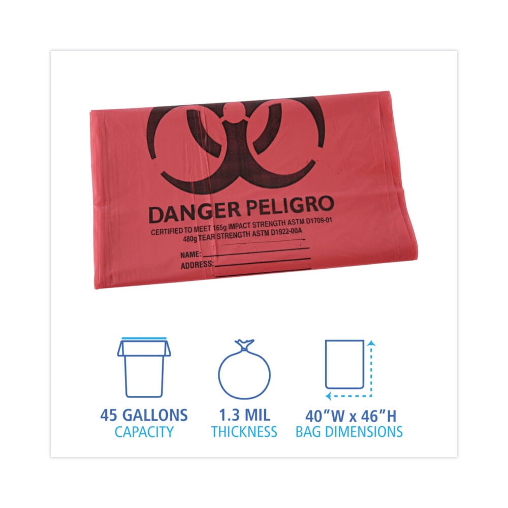 Linear Low Density Health Care Trash Can Liners, 45 gal, 1.3 mil, 40 x 46, Red, 100/Carton - Image 7