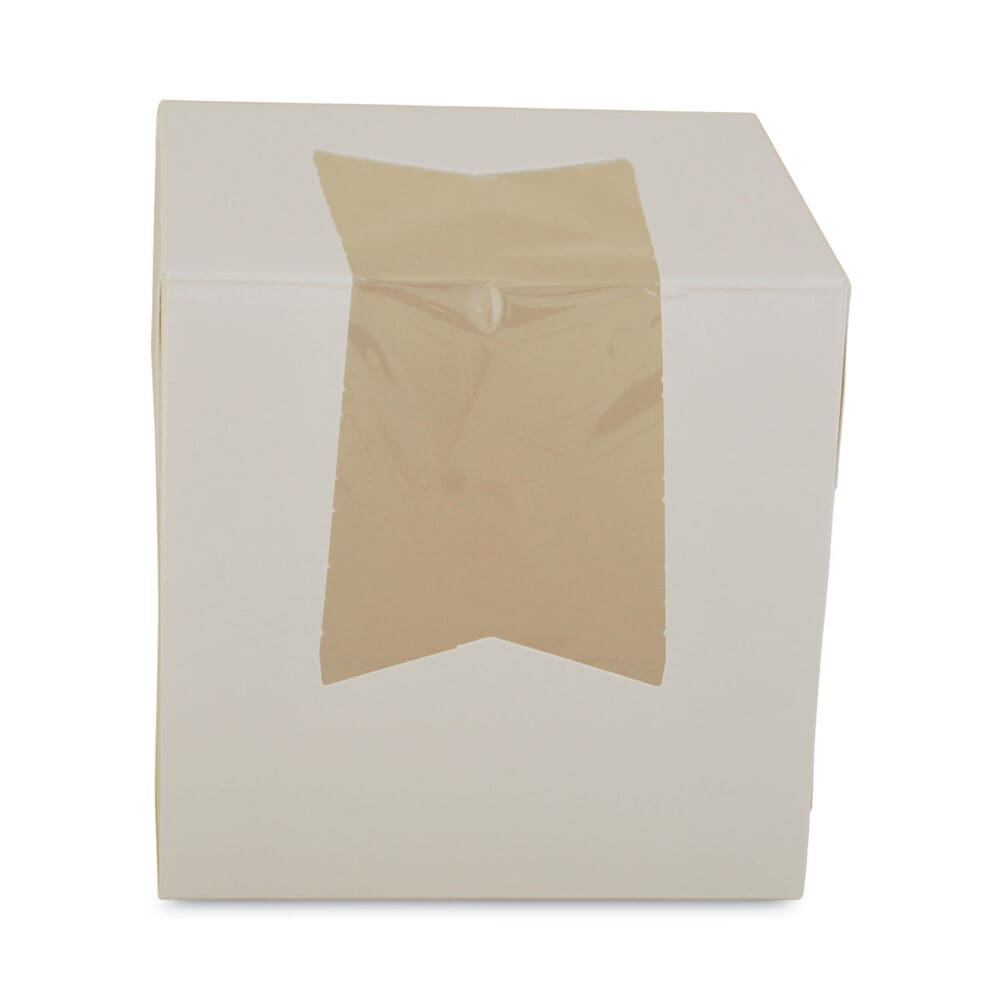 White Window Bakery Boxes with Attached Flip Top, 4-Corner Beers Design, 4.5 x 4.5 x 4.5, White, Paper, 200/Carton - Image 3