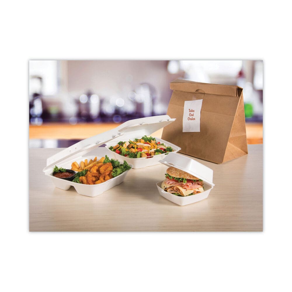 Insulated Foam Hinged Lid Containers, 3-Compartment. 7.9 x 8.4 x 3.3, White, 200/Carton - Image 2