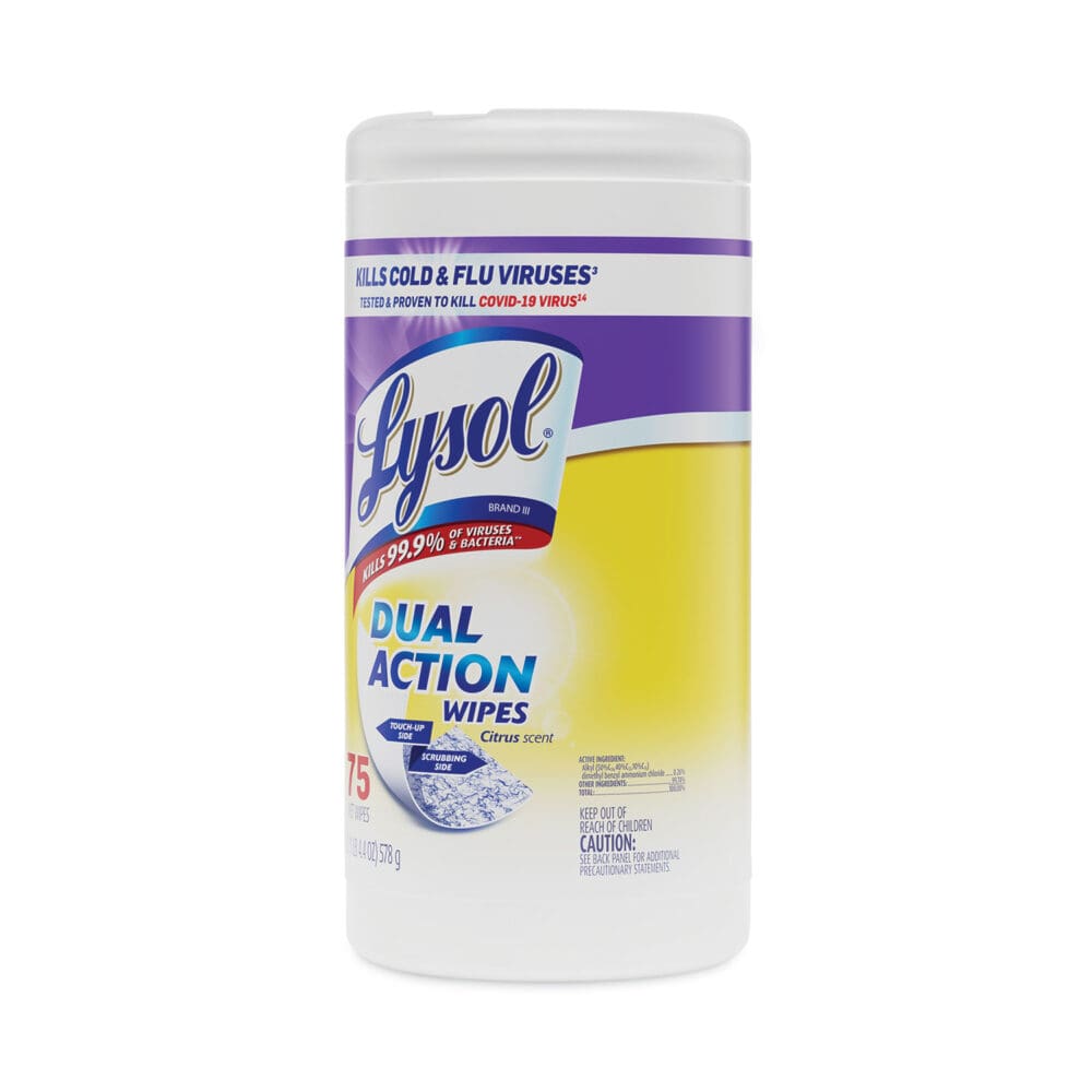 Dual Action Disinfecting Wipes, 1-Ply, 7 x 7.5, Citrus, White/Purple, 75/Canister - Image 5