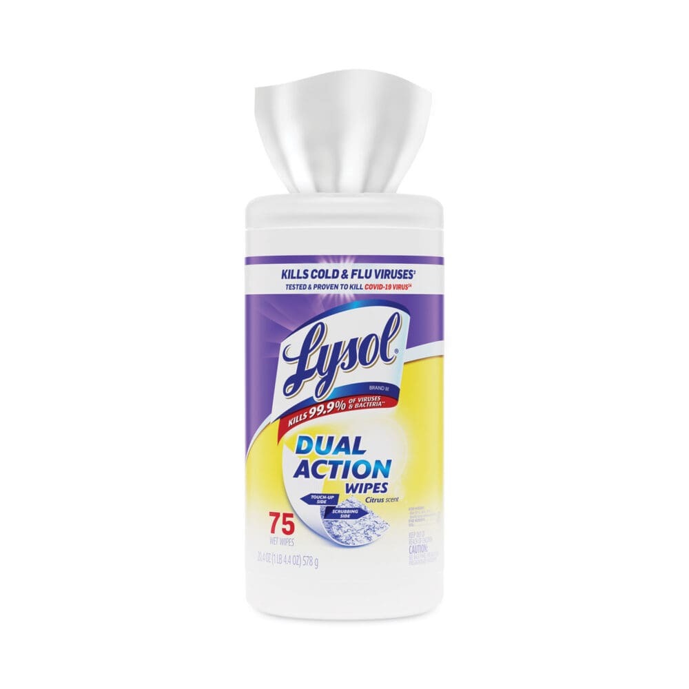 Dual Action Disinfecting Wipes, 1-Ply, 7 x 7.5, Citrus, White/Purple, 75/Canister - Image 4