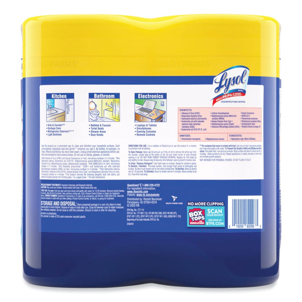Disinfecting Wipes, 1-Ply, 7 x 7.25, Lemon and Lime Blossom, White, 80 Wipes/Canister, 2 Canisters/Pack - Image 4