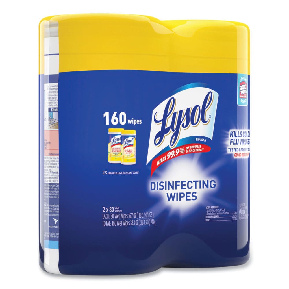 Disinfecting Wipes, 1-Ply, 7 x 7.25, Lemon and Lime Blossom, White, 80 Wipes/Canister, 2 Canisters/Pack - Image 2