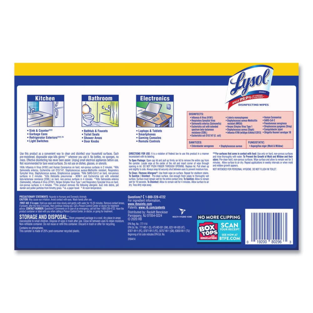 Disinfecting Wipes, 1-Ply, 7 x 7.25, Lemon and Lime Blossom, White, 80 Wipes/Canister, 2 Canisters/Pack - Image 5