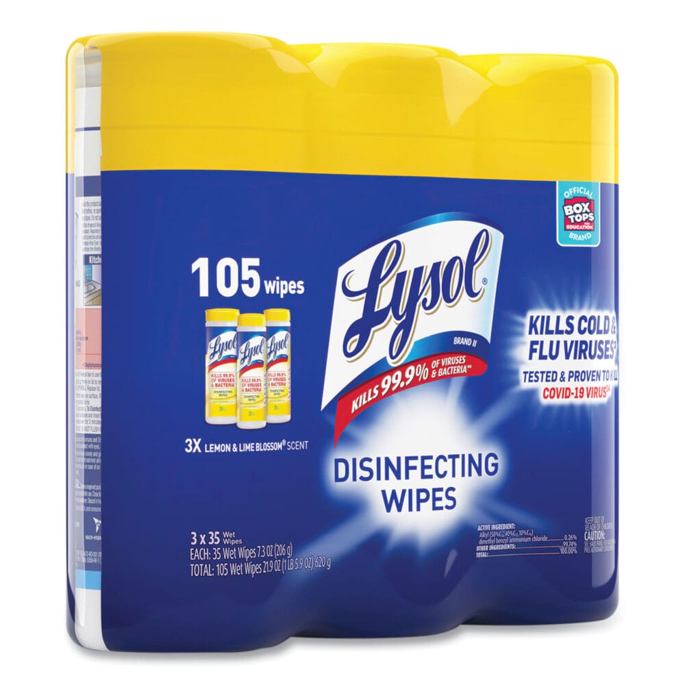 Disinfecting Wipes, 1-Ply, 7 x 7.25, Lemon and Lime Blossom, White, 35 Wipes/Canister, 3 Canisters/Pack, 4 Packs/Carton - Image 2
