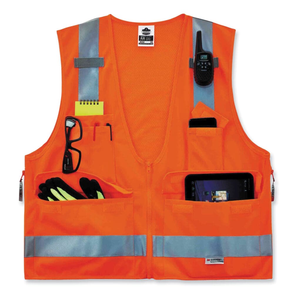 GloWear 8250Z Class 2 Surveyors Zipper Vest, Polyester, Large/X-Large, Orange, Ships in 1-3 Business Days - Image 2