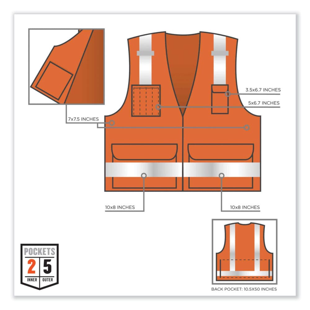 GloWear 8250Z Class 2 Surveyors Zipper Vest, Polyester, 2X-Large/3X-Large, Orange, Ships in 1-3 Business Days - Image 3
