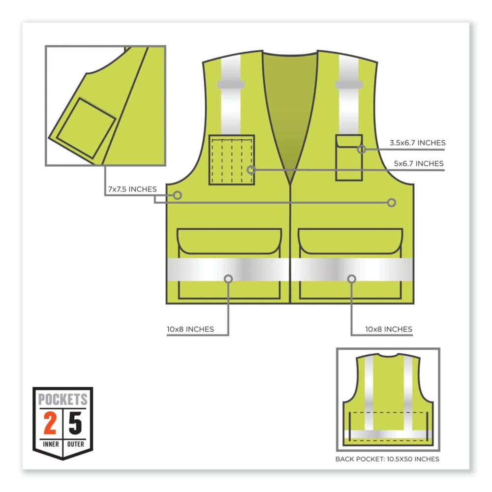GloWear 8250Z Class 2 Surveyors Zipper Vest, Polyester, Large/X-Large, Lime, Ships in 1-3 Business Days - Image 3