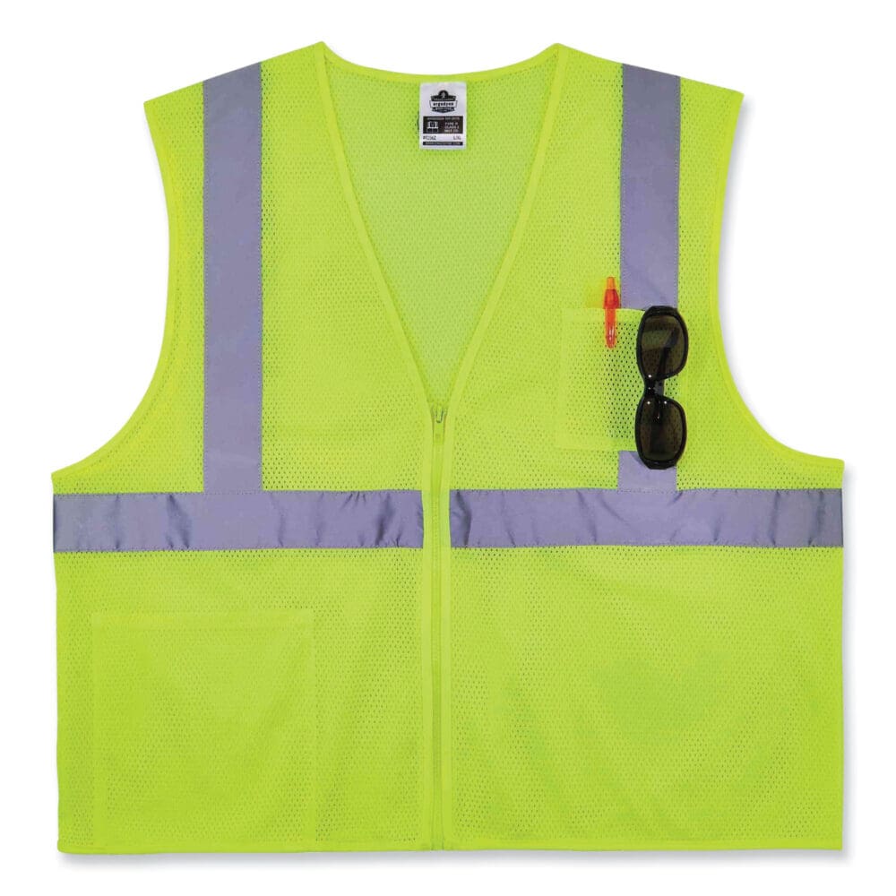 GloWear 8256Z Class 2 Self-Extinguishing Zipper Vest, Polyester, Small/Medium, Lime, Ships in 1-3 Business Days - Image 2