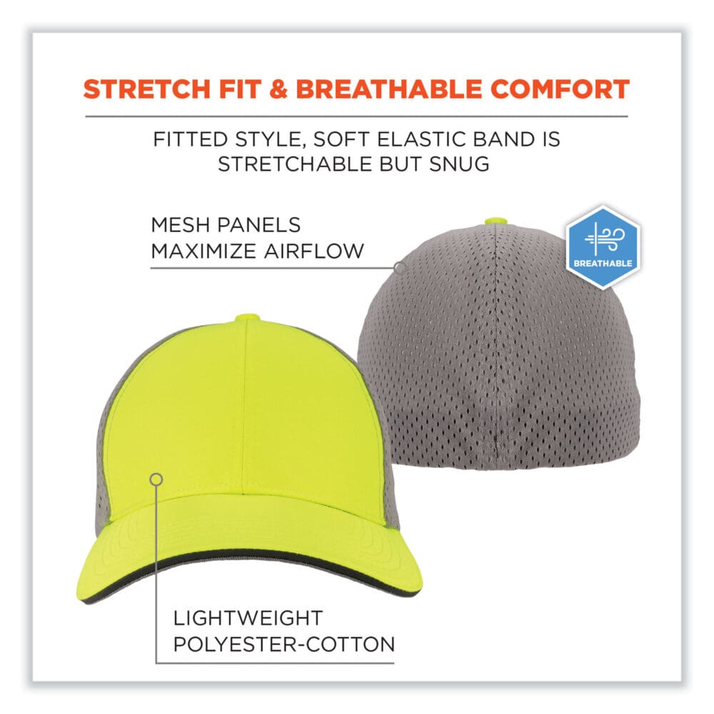 GloWear 8931 Reflective Stretch-Fit Hat, Cotton/Polyester, Small/Medium, Hi-Vis Lime, Ships in 1-3 Business Days - Image 2