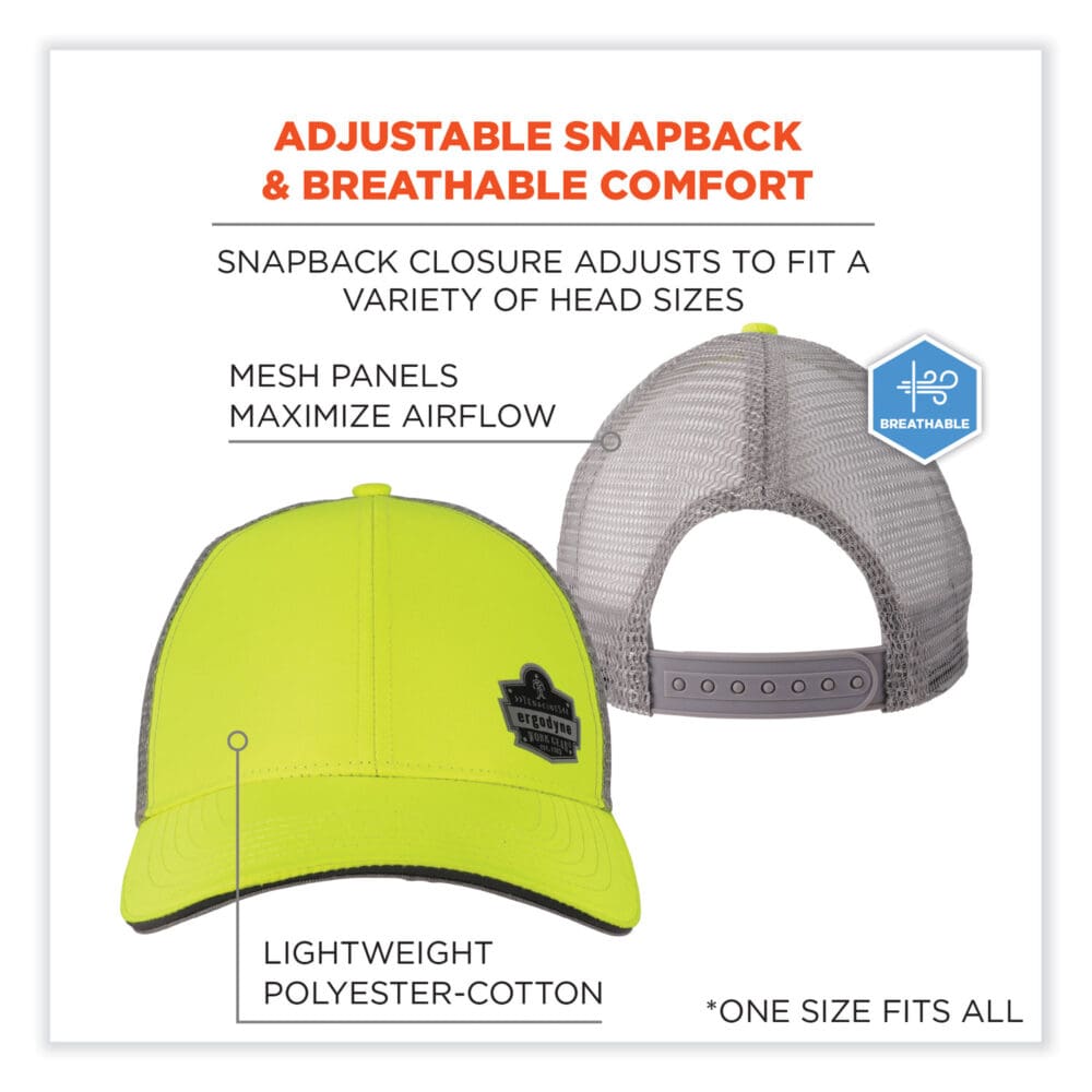 GloWear 8933 Reflective Snapback Hat, Cotton/Polyester, Ergodyne Logo, One Size, Hi-Vis Lime, Ships in 1-3 Business Days - Image 2