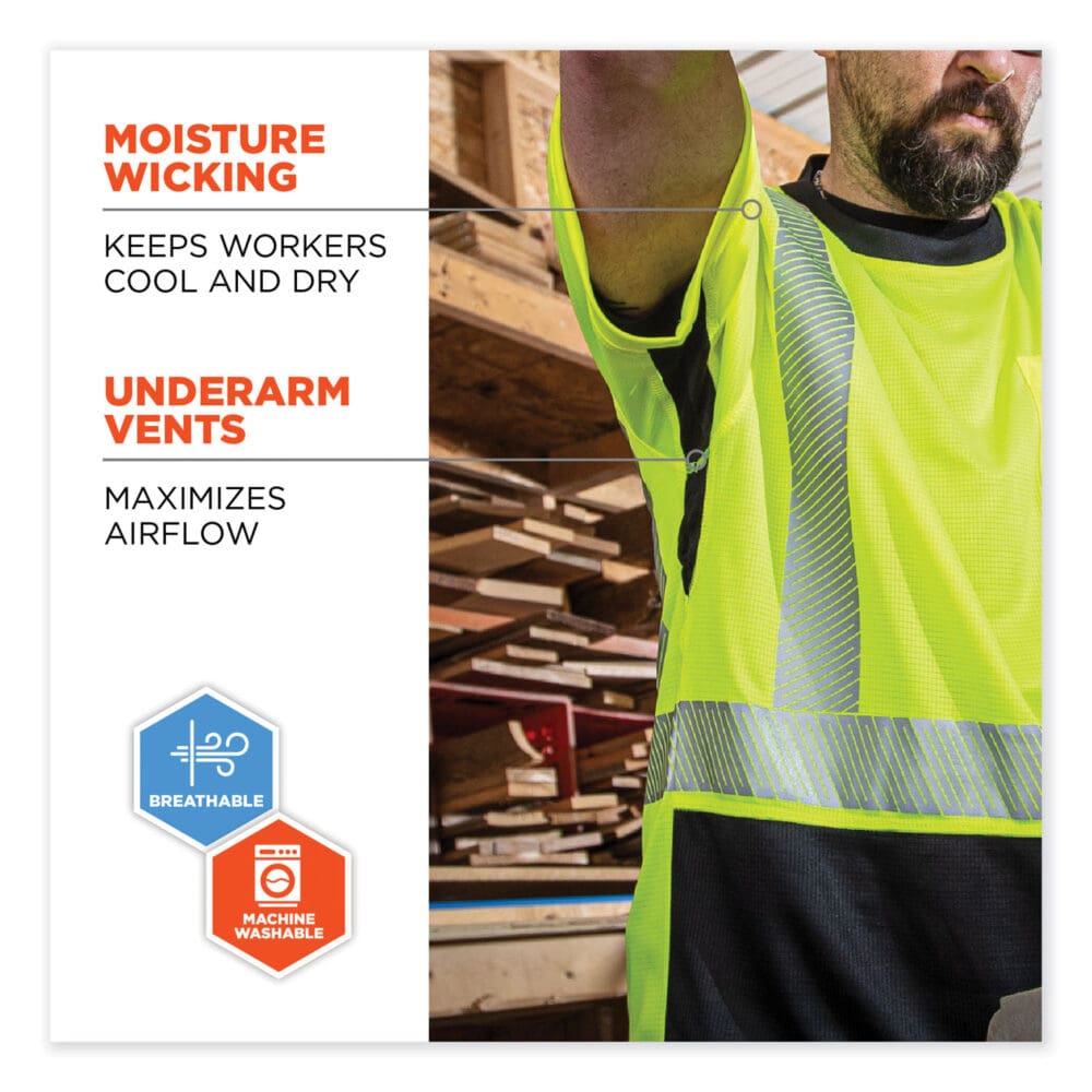 GloWear 8283BK Class 2 Lightweight Performance Hi-Vis T-Shirt, Polyester, Large, Lime, Ships in 1-3 Business Days - Image 4