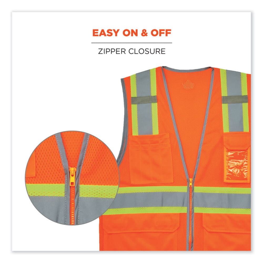 GloWear 8246Z Class 2 Two-Tone Mesh Reflective Binding Zipper Vest, Polyester, Small/Med, Orange, Ships in 1-3 Business Days - Image 6