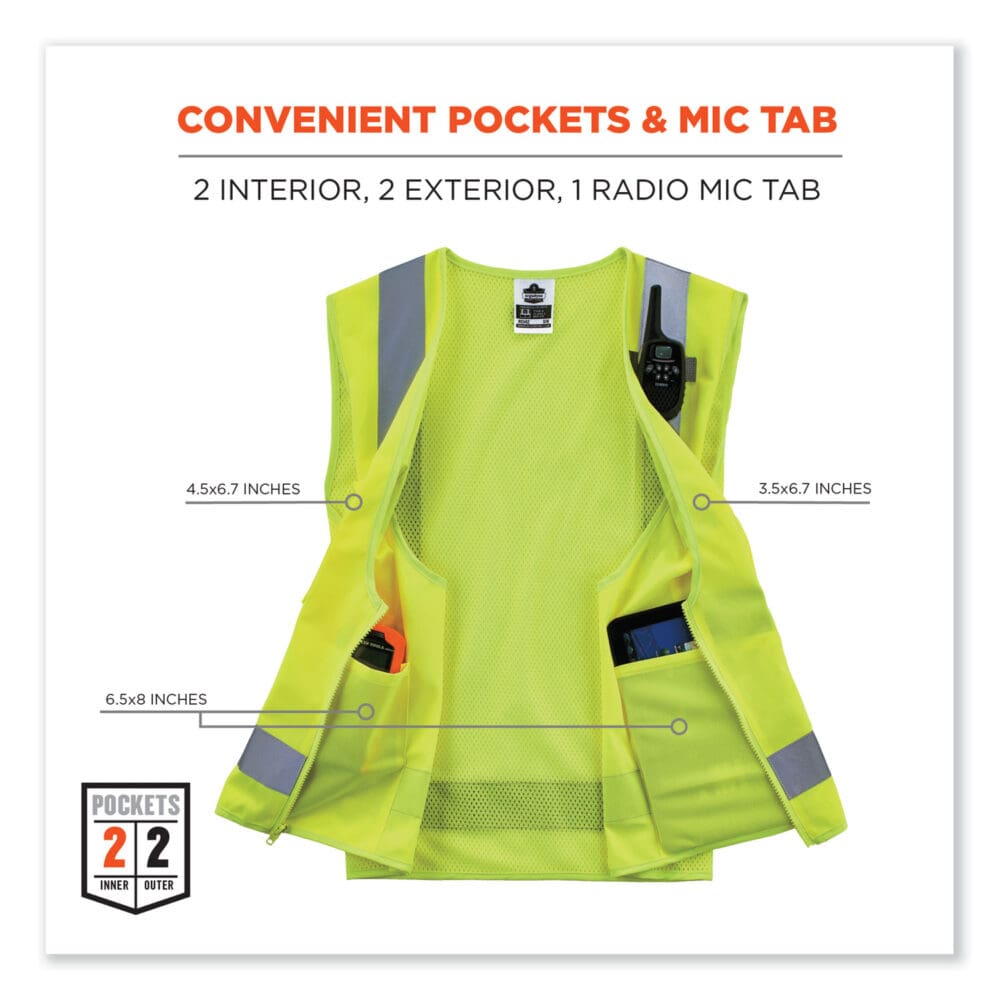 GloWear 8249Z-S Single Size Class 2 Economy Surveyors Zipper Vest, Polyester, X-Large, Lime, Ships in 1-3 Business Days - Image 5