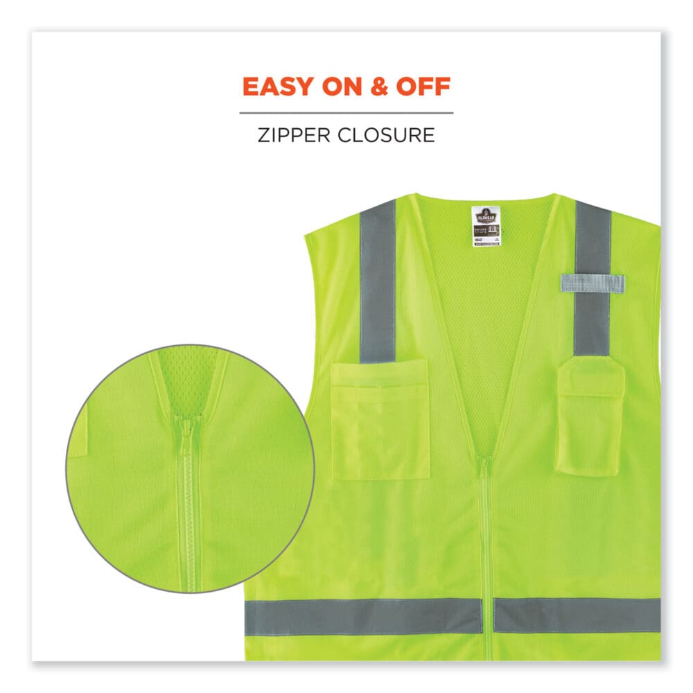 GloWear 8249Z-S Single Size Class 2 Economy Surveyors Zipper Vest, Polyester, 5X-Large, Lime, Ships in 1-3 Business Days - Image 6
