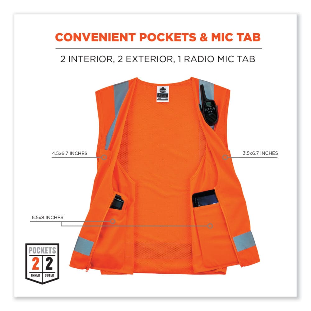 GloWear 8249Z-S Single Size Class 2 Economy Surveyors Zipper Vest, Polyester, Small, Orange, Ships in 1-3 Business Days - Image 4