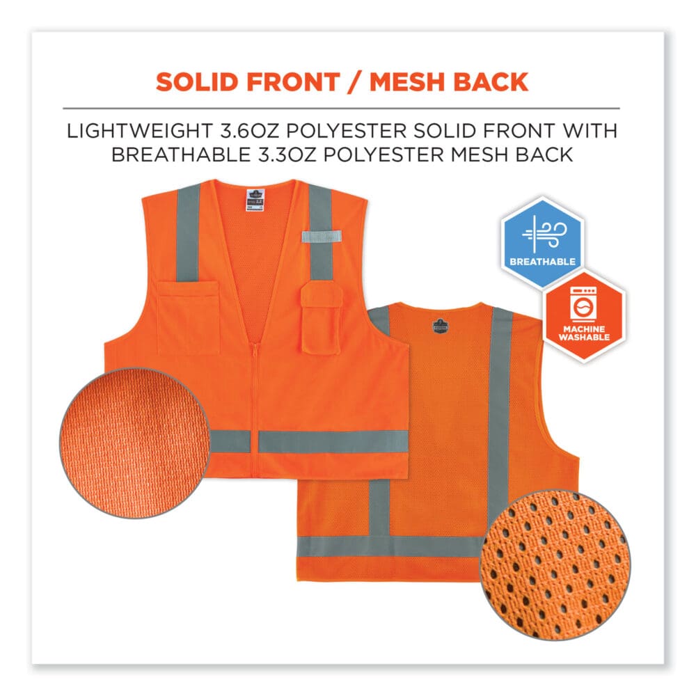 GloWear 8249Z-S Single Size Class 2 Economy Surveyors Zipper Vest, Polyester, Medium, Orange, Ships in 1-3 Business Days - Image 5