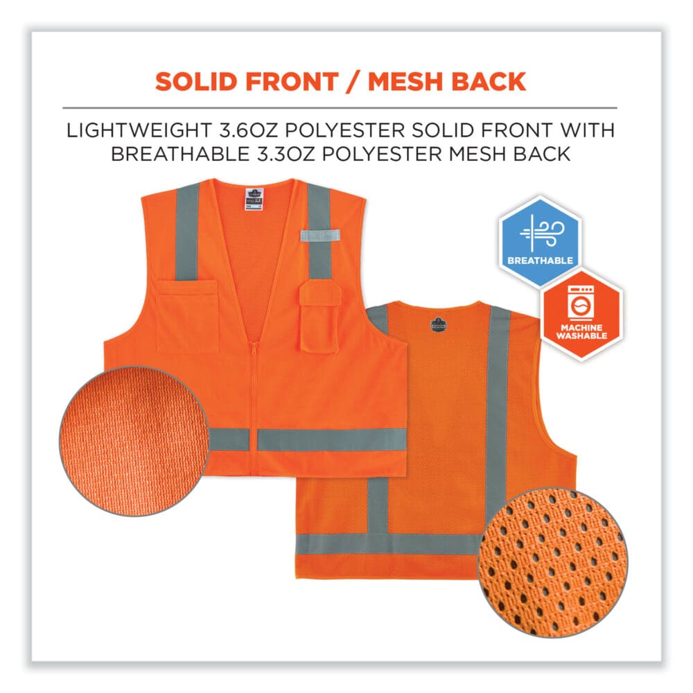 GloWear 8249Z-S Single Size Class 2 Economy Surveyors Zipper Vest, Polyester, 3X-Large, Orange, Ships in 1-3 Business Days - Image 5