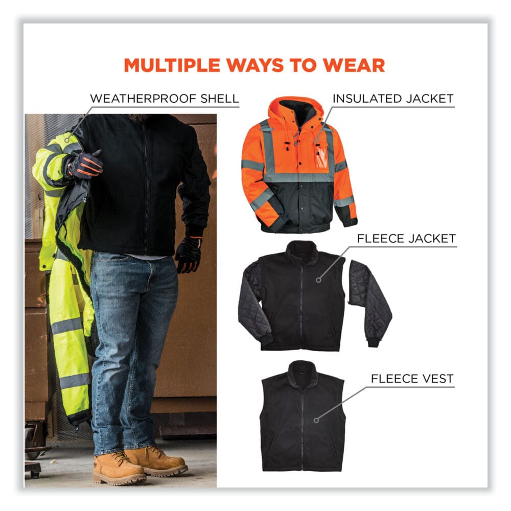 GloWear 8381 Class 3 Hi-Vis 4-in-1 Quilted Bomber Jacket, Orange, 3X-Large, Ships in 1-3 Business Days - Image 3