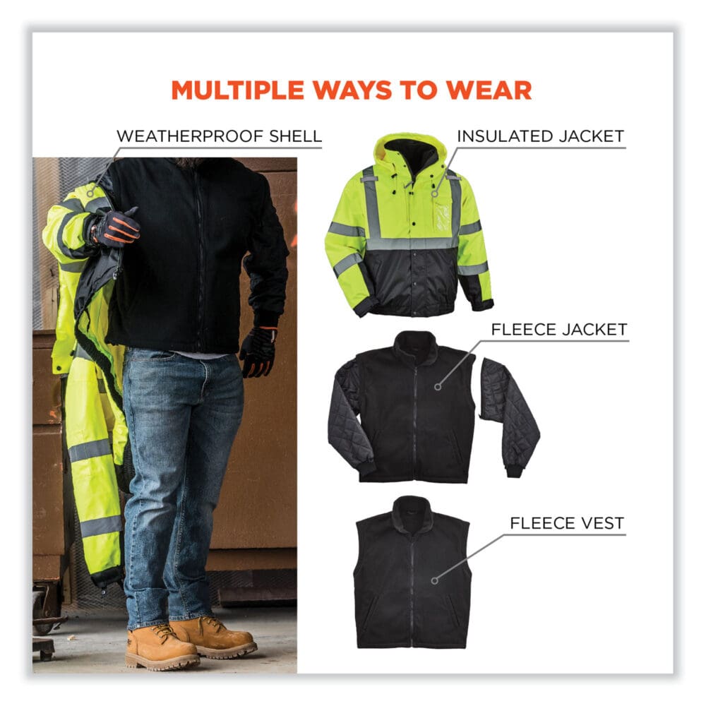 GloWear 8381 Class 3 Hi-Vis 4-in-1 Quilted Bomber Jacket, Lime, 3X-Large, Ships in 1-3 Business Days - Image 3