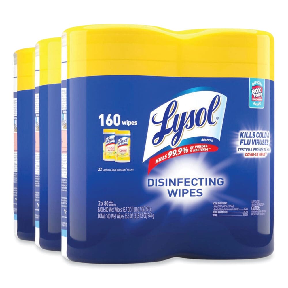 Disinfecting Wipes, 1-Ply, 7 x 7.25, Lemon and Lime Blossom, White, 80 Wipes/Canister, 2 Canisters/Pack - Image 9