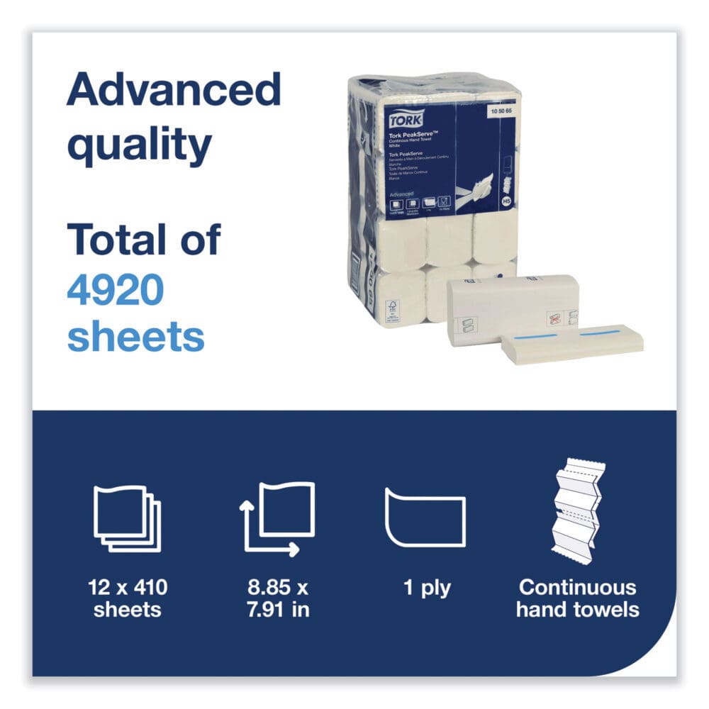 PeakServe Continuous Hand Towel, 1-Ply, 7.91 x 8.85, White, 410 Wipes/Pack, 12 Packs/Carton - Image 2