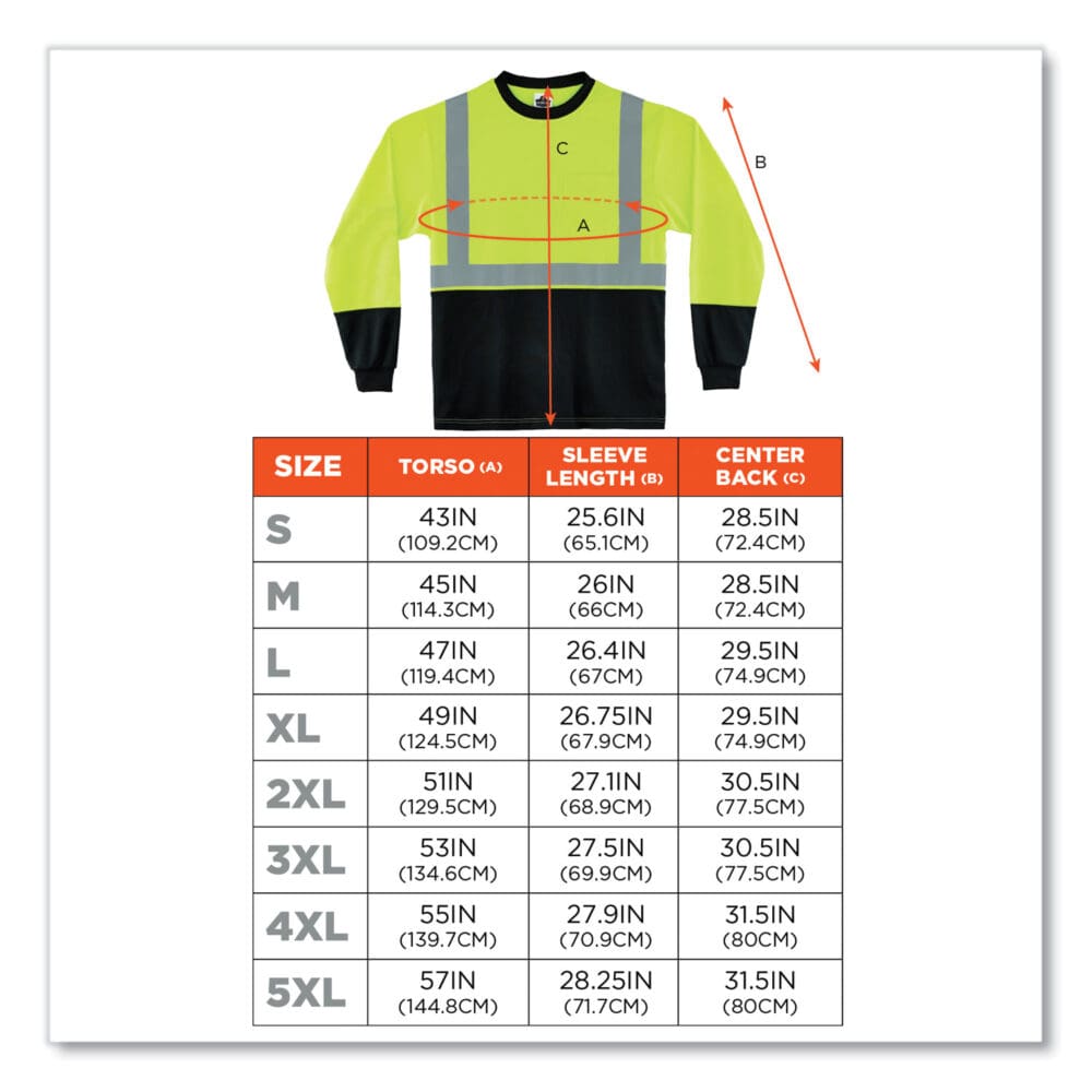 GloWear 8291BK Type R Class 2 Black Front Long Sleeve T-Shirt, Polyester, 3X-Large, Lime, Ships in 1-3 Business Days - Image 4