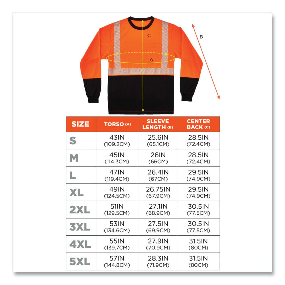 GloWear 8281BK Class 2 Long Sleeve Shirt with Black Bottom, Polyester, 5X-Large, Orange, Ships in 1-3 Business Days - Image 3