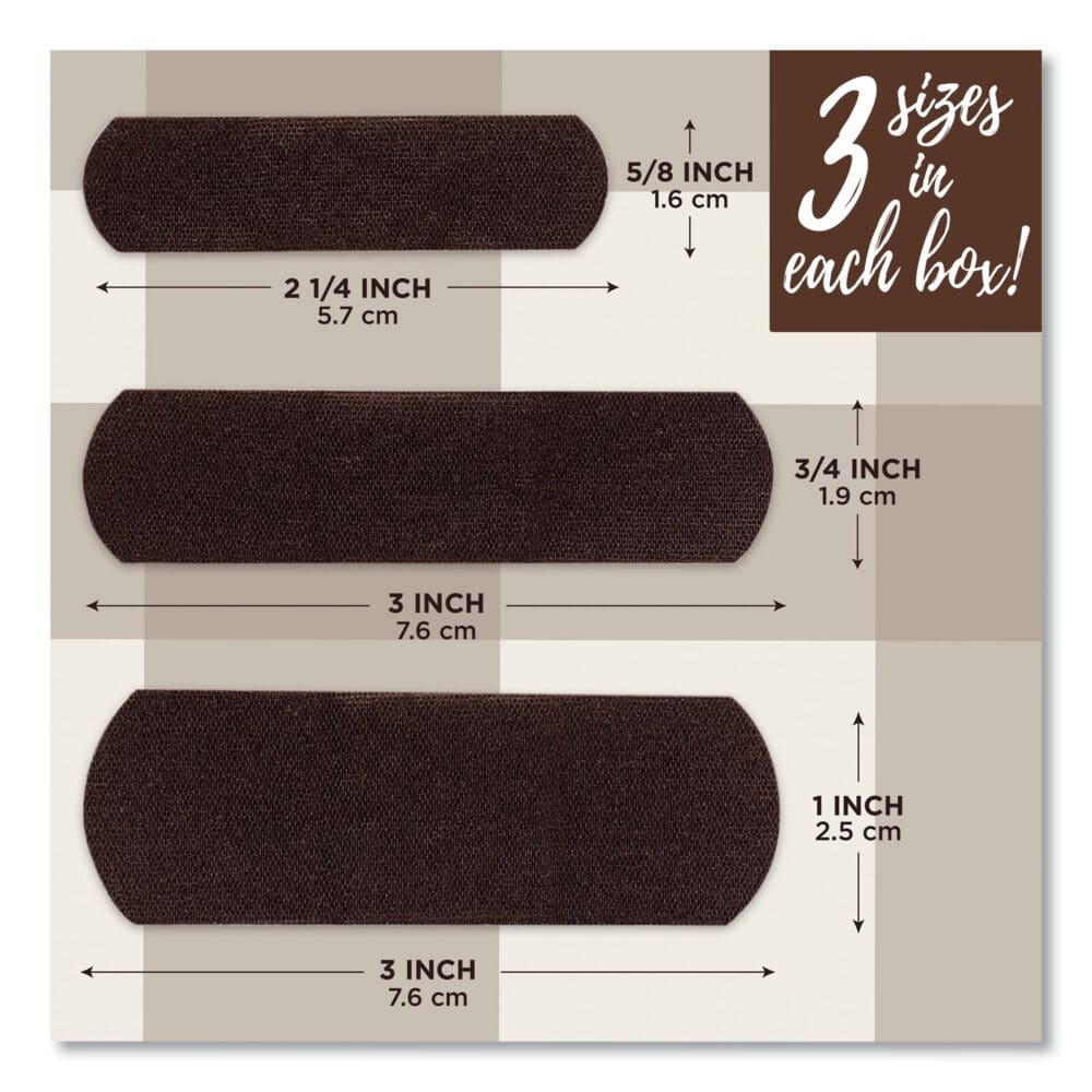 OurTone Adhesive Bandages, BR65, 2.25 x 0.63; 3 x 0.75; 3 x 1, Deep Brown, 30/Pack - Image 3